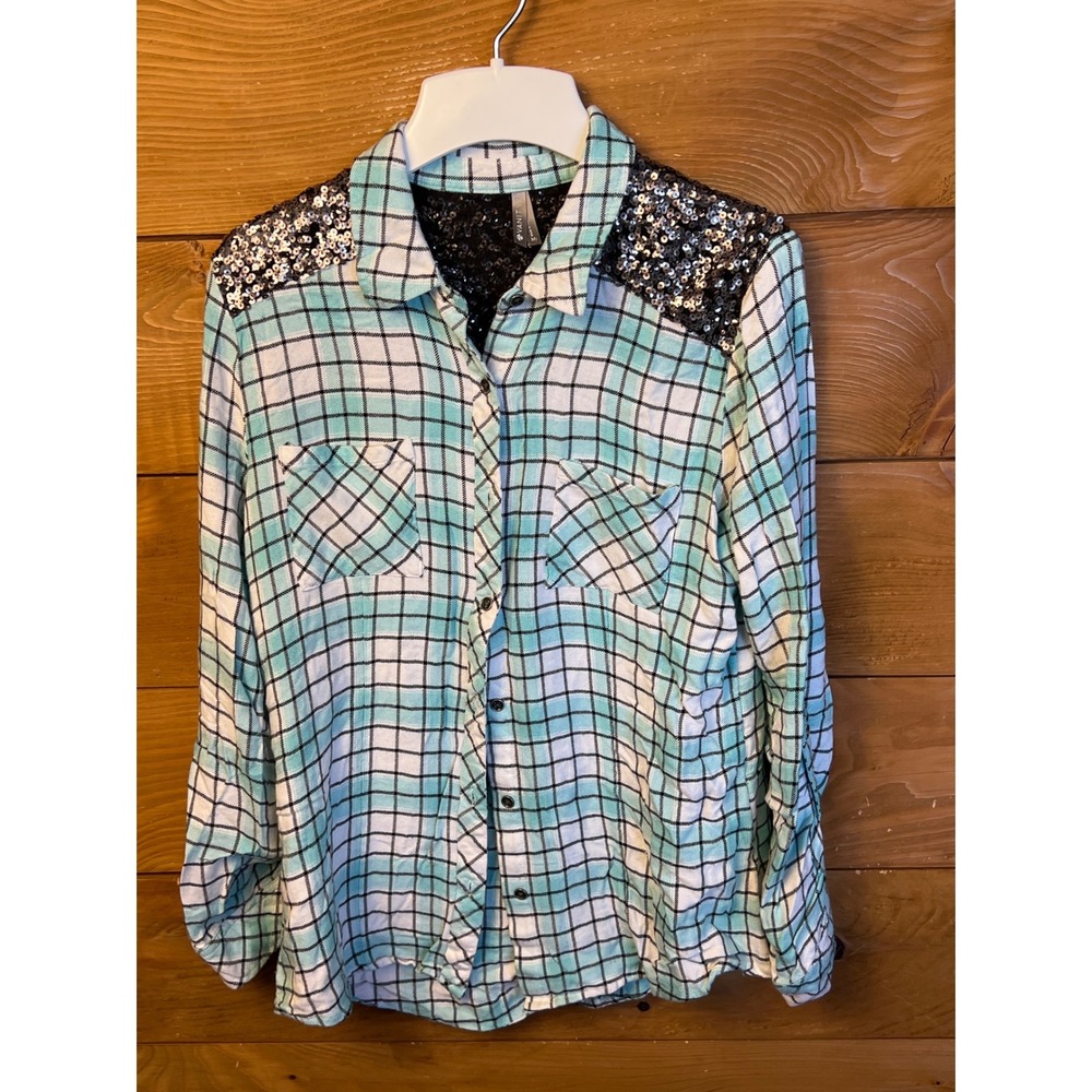 Vanity Fair Plaid Shirt Women M Sequins Shoulder Long Sleeve Button Down Western